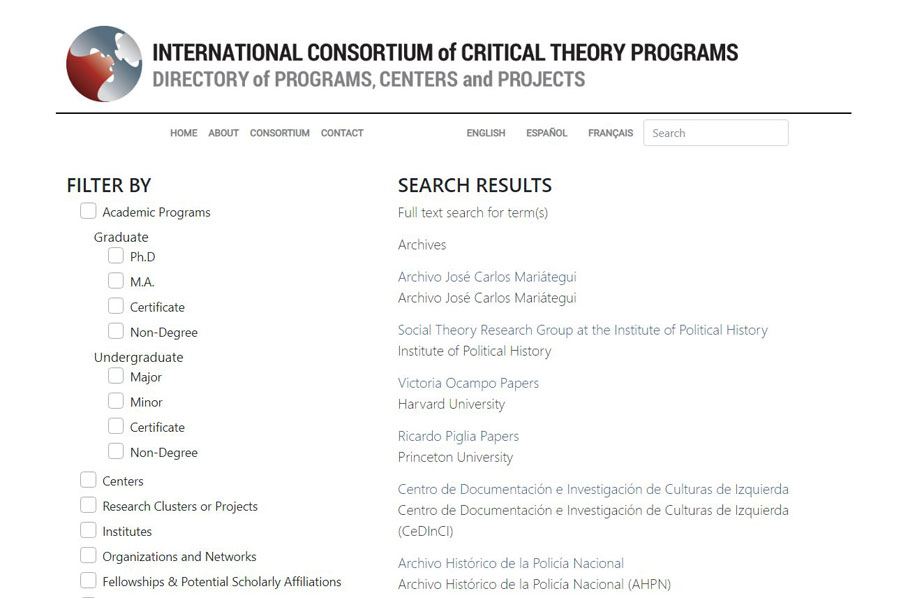 International Consortium of Critical Theory Programs screenshot of page